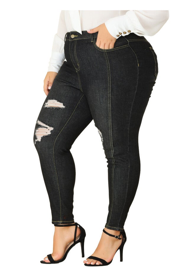 MID RISE STRETCH WASHED SKINNY JEANS DENIM JEGGINGS, BlackRipped / Black, alternate image number 2