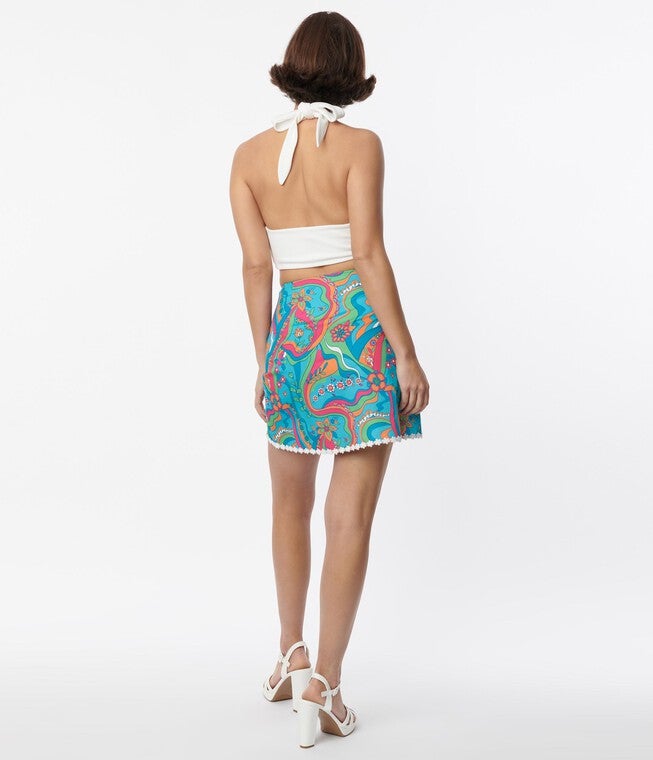Smak Parlour Blue Daisy River Psychedelic Scallop Hem Mini Skirt, , alternate image number null