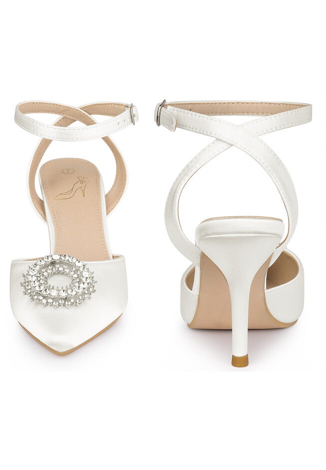 Rhinestones Ankle Strap Stiletto Heel Pumps, White / White, alternate image number 2