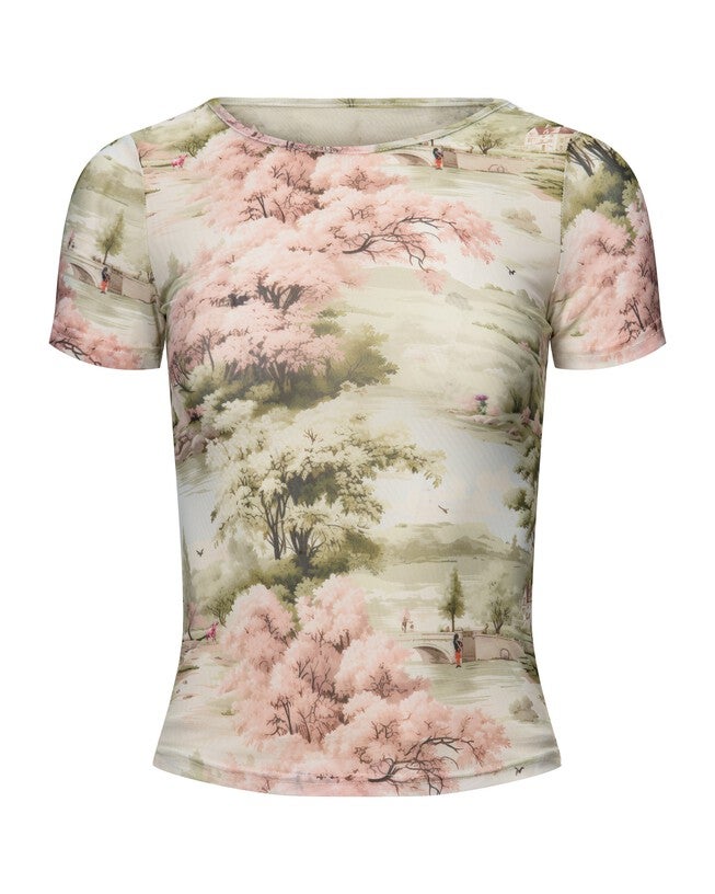 Printed Mesh Tee Shirt, multi coloured / Sage Green, alternate image number 1