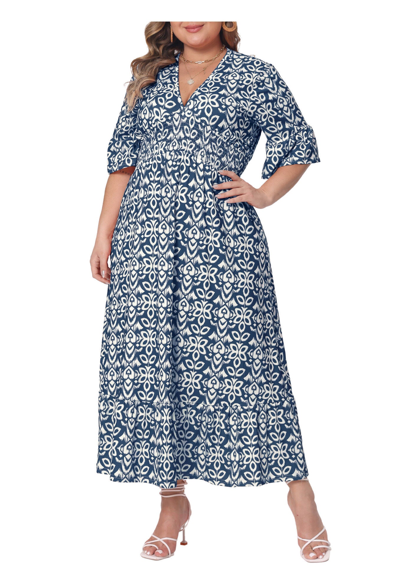 Bell Sleeve Ruffled Hem V Neck Short Sleeve Boho A Line Long Dress, Navy Blue / Navy, alternate image number 1