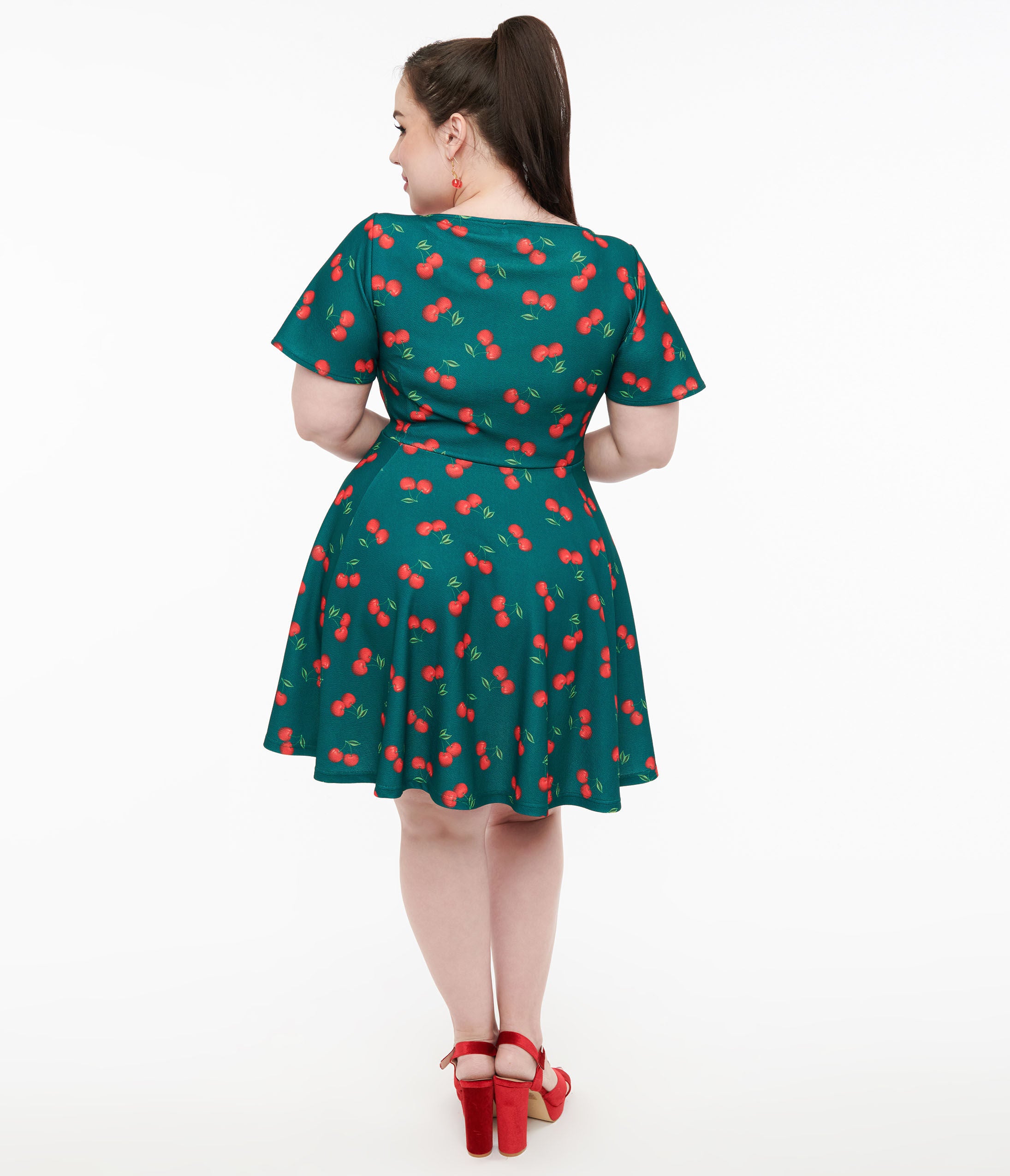 Unique Vintage 1950s Emerald & Cherry Print Poppy Flare Dress, Green cherry print / Forest Green, alternate image number 1