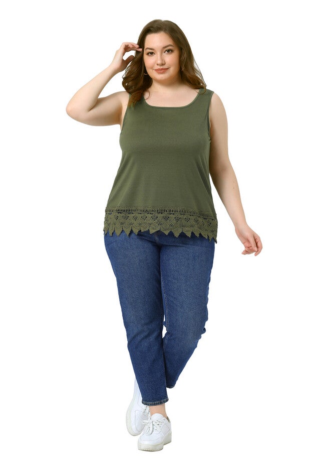 Round Neck Sleeveless Swing Lace Panel Flowy Top, Army Green / Olive Green, hi-res image number 0