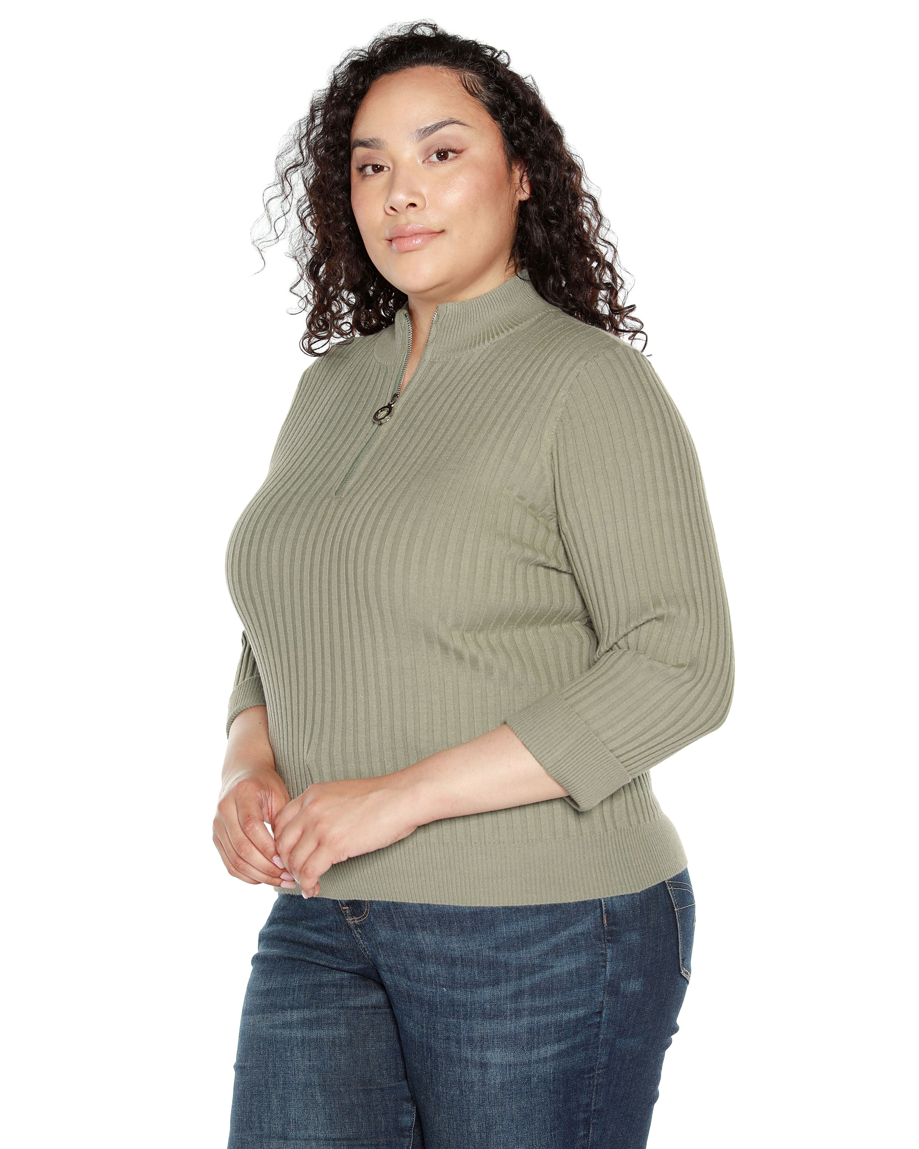 RIBBED QUARTER-ZIP SWEATER, Sage / Sage Green, alternate image number 2