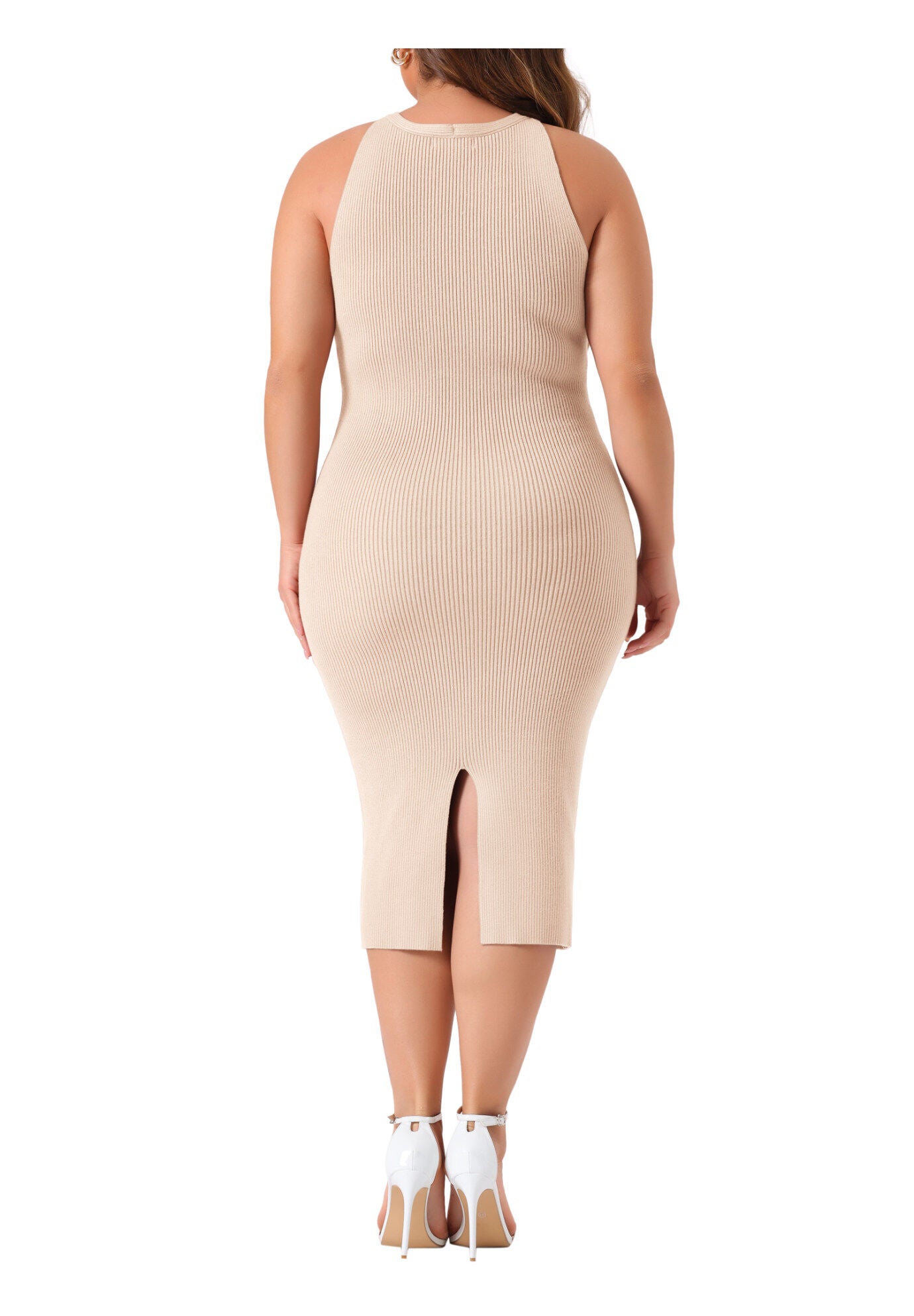 Twist Front Halter Neck Ribbed Sleeveless Bodycon Midi Sweater Dress, Light Pink / Pink, alternate image number 3