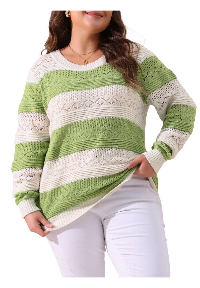 Crewneck Lightweight Hollow Knit Pullover Top, Green White / Light Green, alternate image number 2
