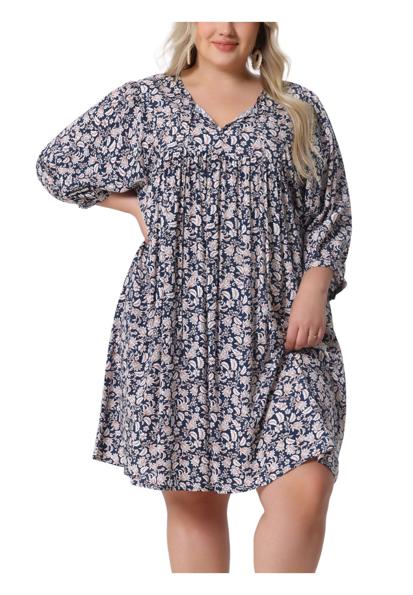 Summer Drawstring V Neck Babydoll Midi Flowy Sundress, Navy Blue / Navy, alternate image number 4