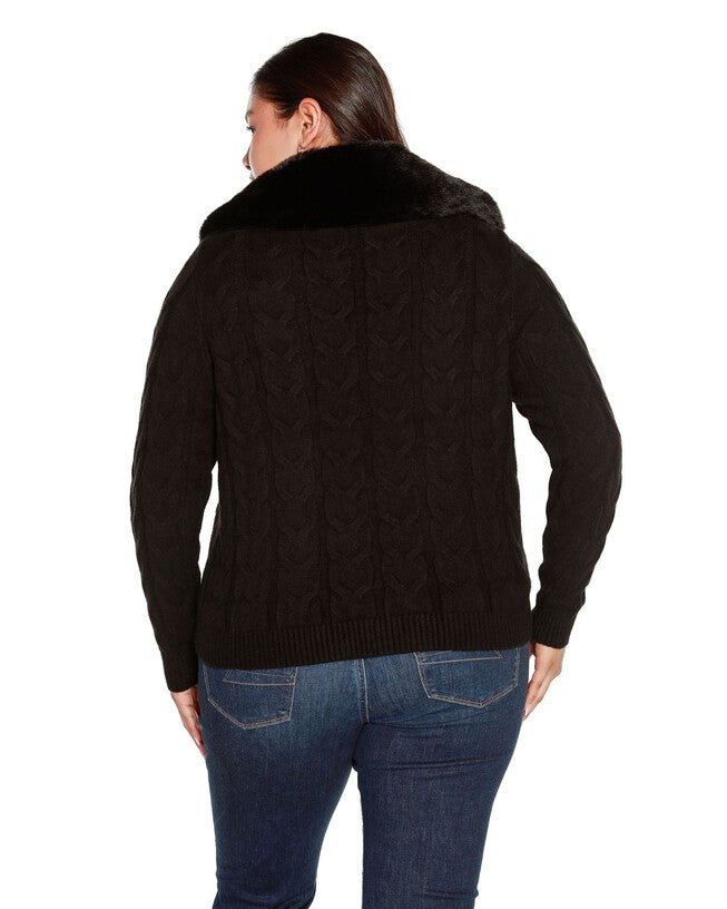 Faux Fur Collared Cable Cardigan, , alternate image number 4