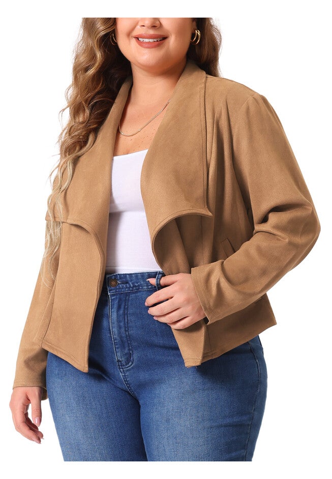 FAUX SUEDE LAPEL OPEN FRONT CARDIGAN JACKET, Brown / Brown, alternate image number null