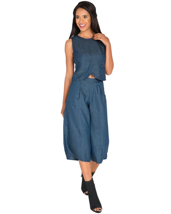 Diana Wide-Leg Cropped Indigo Tencel Denim Palazzo Pants, , alternate image number null