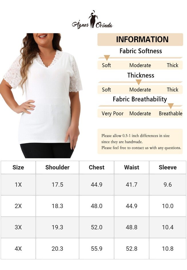 V Neck Short Sleeve Lace Ribbed Knit Tunic Top, White / White, alternate image number 4