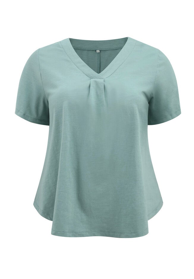 Pleated V Neck Short Sleeve Casual Loose Fit Blouse Tee, Green / Mint, alternate image number 3