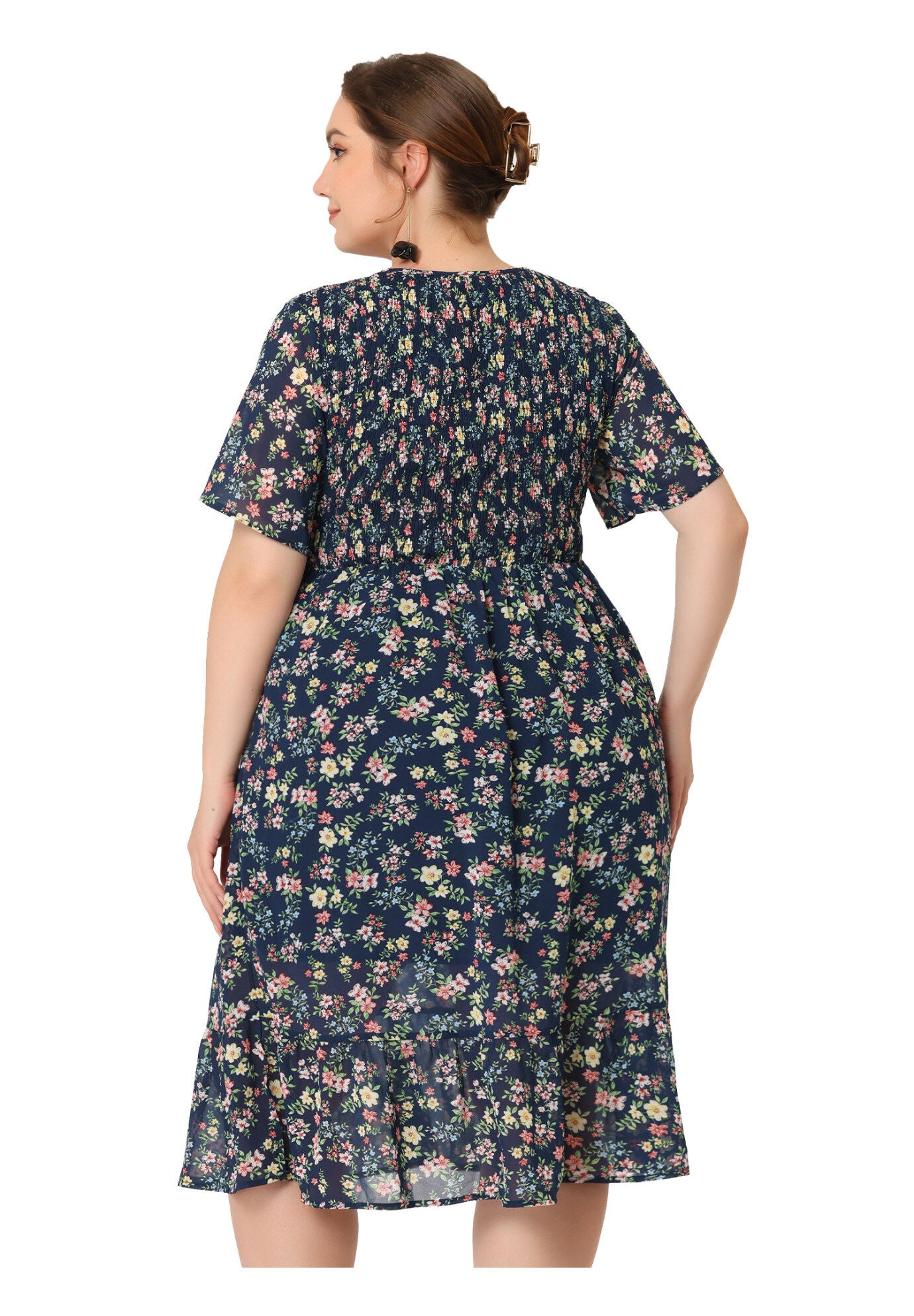 Flare Smock Ruffle Chiffon Floral Midi Dress, Blue / Navy, alternate image number 3