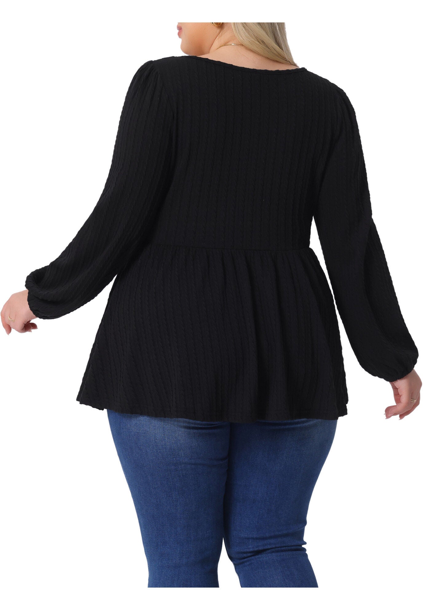 Scoop Neck Long Sleeve Ruffle Hem Peplum Knit Blouse, Black / Black, alternate image number 3