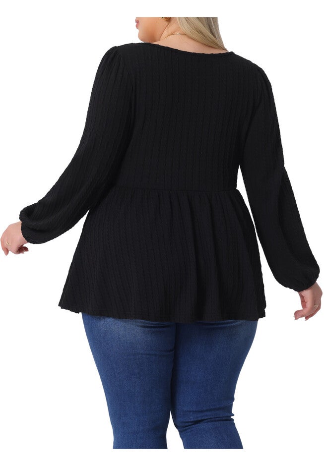 Scoop Neck Long Sleeve Ruffle Hem Peplum Knit Blouse, Black / Black, alternate image number 3