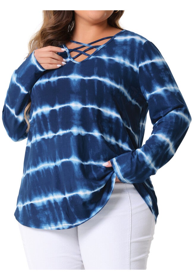 Criss Cross V Neck Long Sleeve Loose Tie Dye Tunic Blouse, Blue / Royal Blue, alternate image number 1
