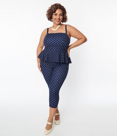 Unique Vintage Navy & White Dot Peplum Jumpsuit