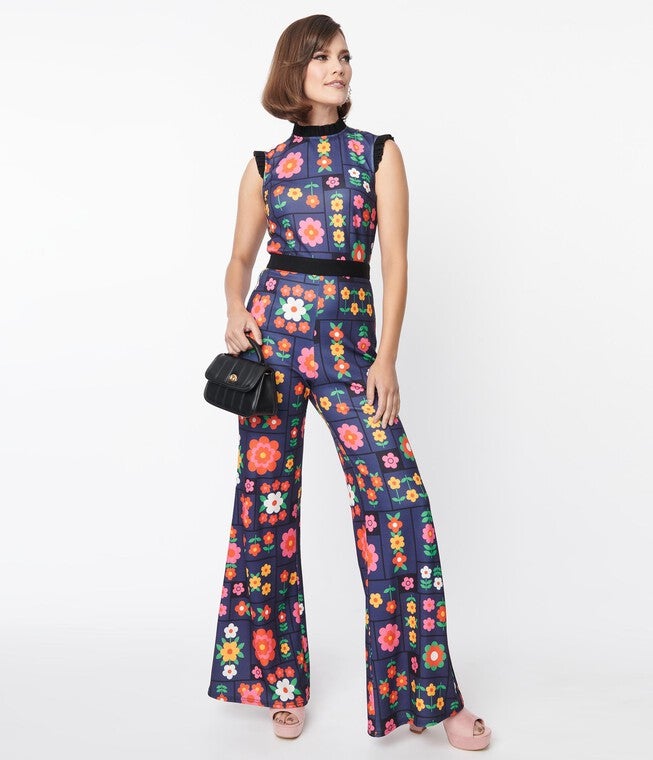 Smak Parlour Navy & Floral Wallpaper Back Bow Jumpsuit, Navy  Floral Wallpaper / Navy, hi-res image number 0
