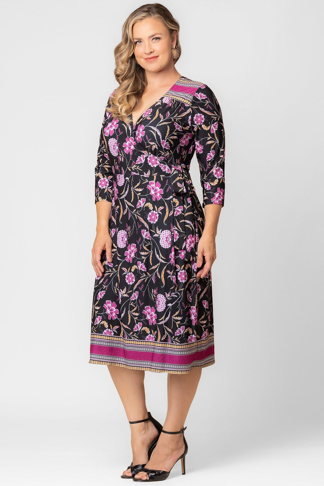 Beguiling Border Print Wrap Dress, Mauve Border Print / Black, alternate image number 3