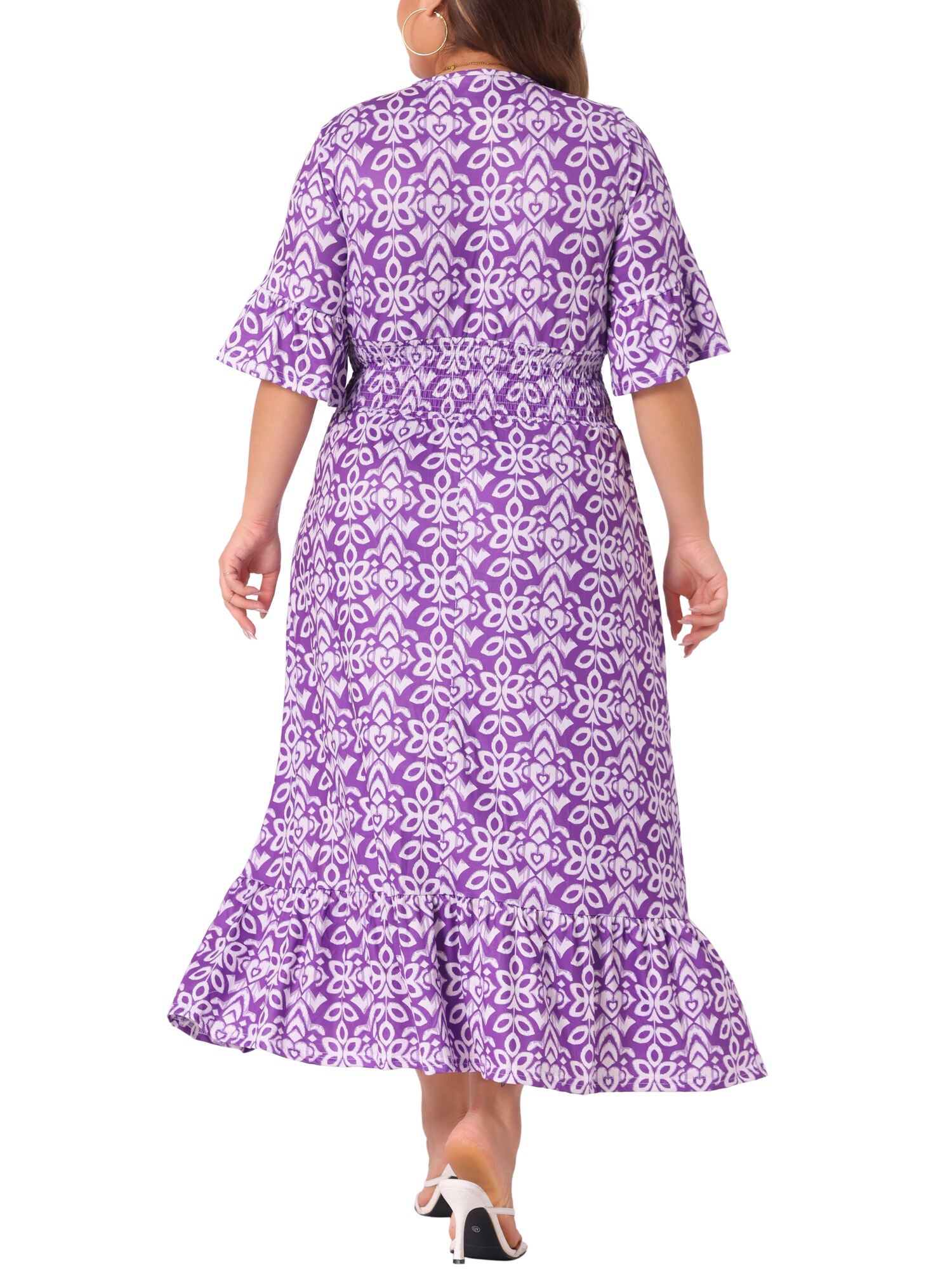 Bell Sleeve Ruffled Hem V Neck Short Sleeve Boho A Line Long Dress, Purple / Purple, alternate image number 3