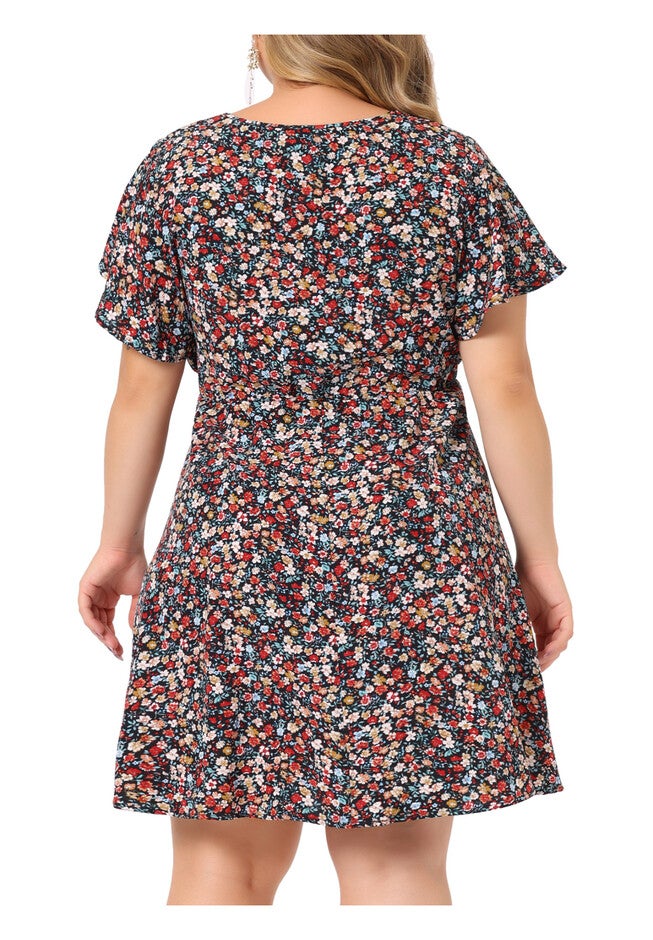 Floral Drawstring Waist V Neck Dress, Black Red / Black, alternate image number null