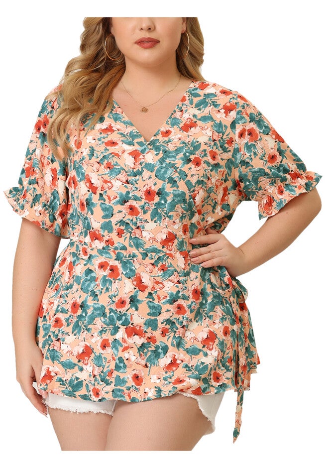 Floral Ruffle Sleeve Faux Wrap Peplum Blouse Top, Pink / Pink, alternate image number null