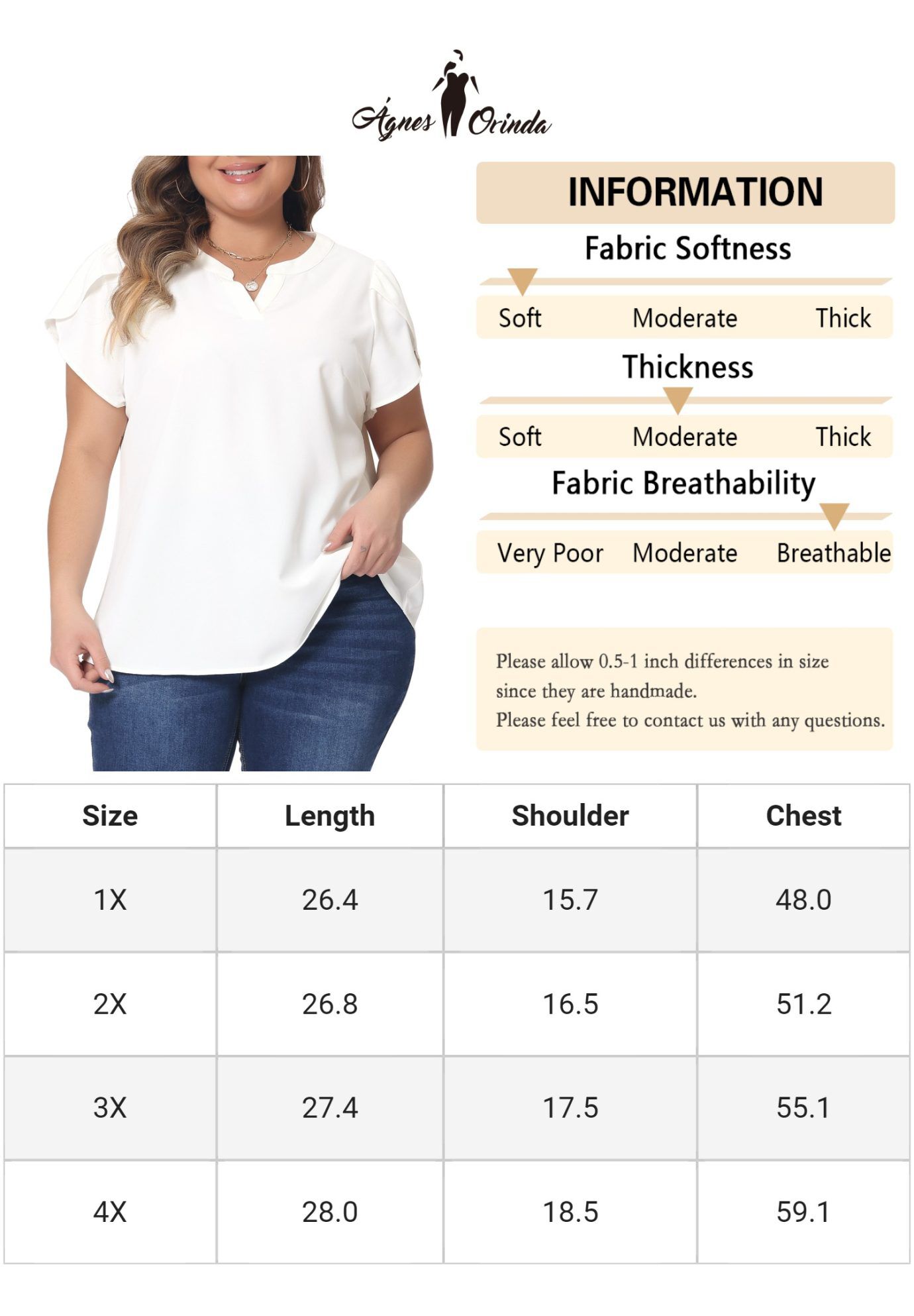 Notched V Neck Short Petal Sleeve Shirt Top, White / White, alternate image number 4