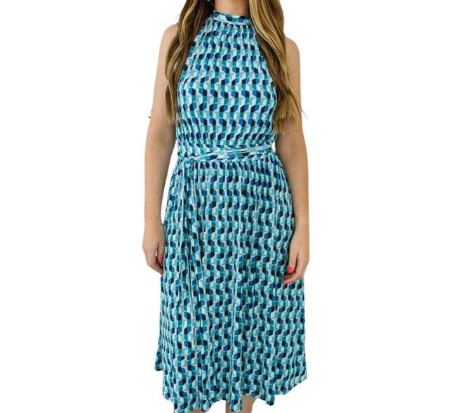 MINDY SHIRRED MIDI DRESS IN MOD GEO, Mod Geo / Cobalt, hi-res image number null