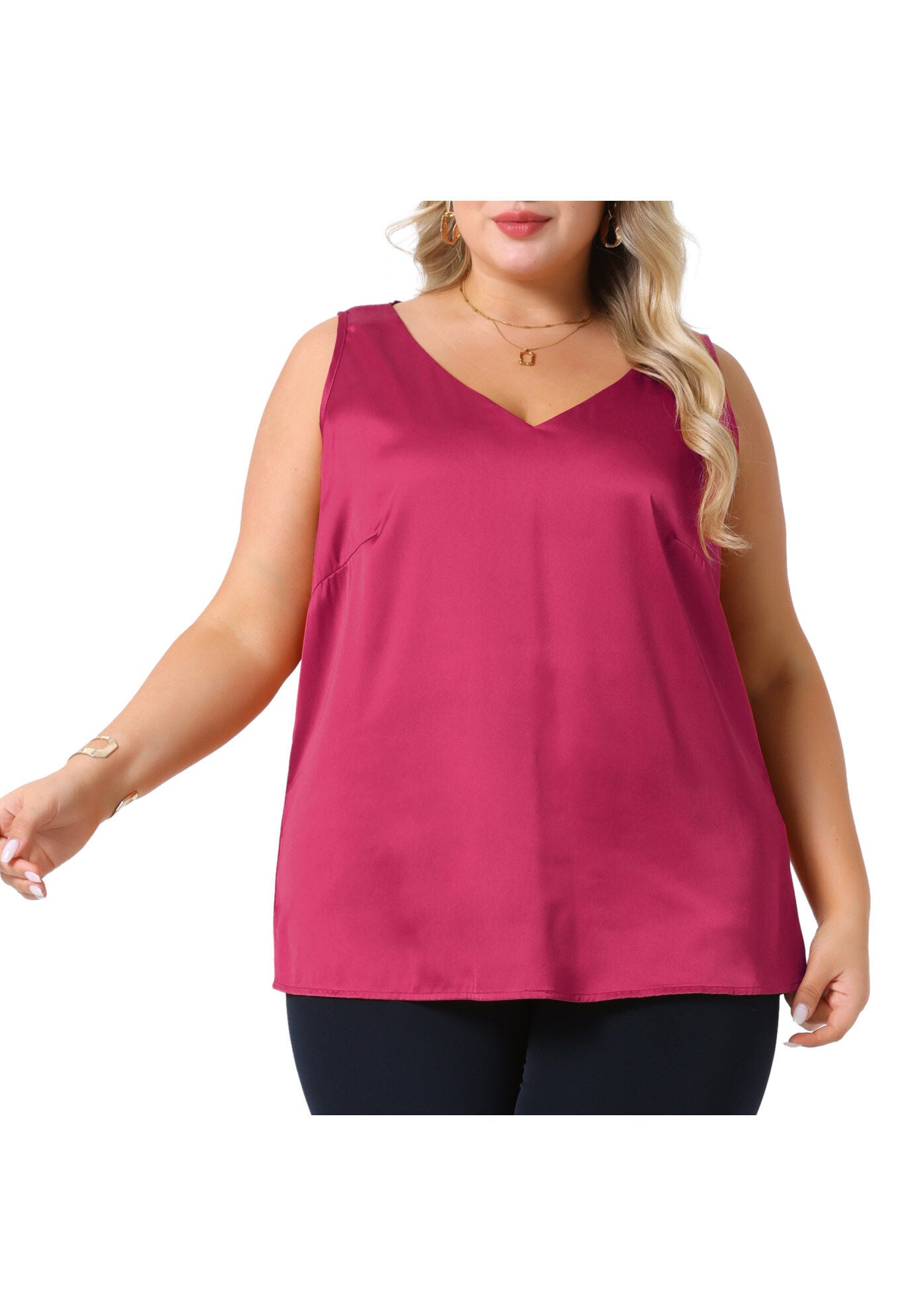 Satin Tank Top V Neck Casual Sleeveless Cami, Rose Red / Pink, alternate image number 2