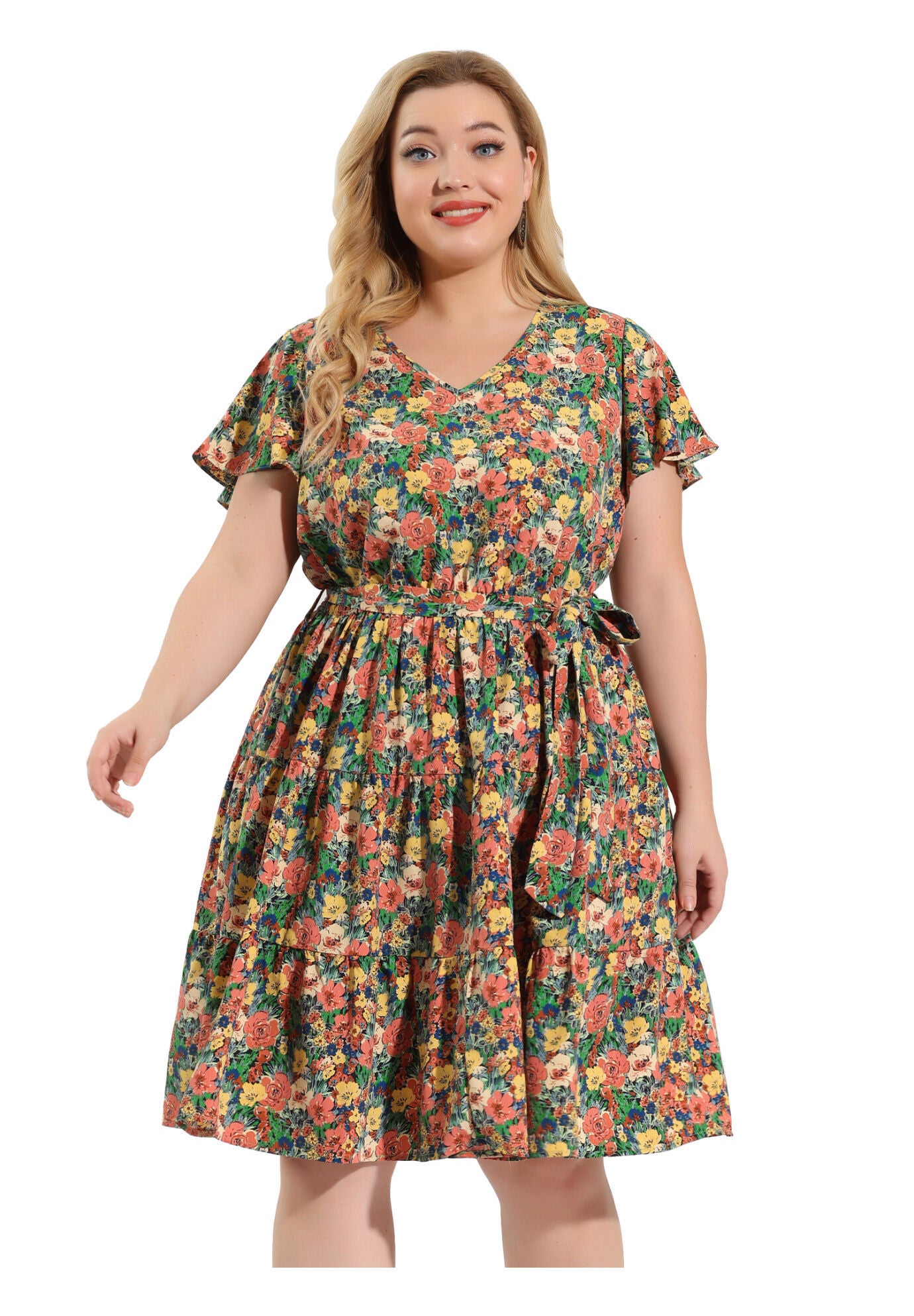 Floral Printed V Neck Summer Midi Flared Dress, Romantic / Light Green, alternate image number 1
