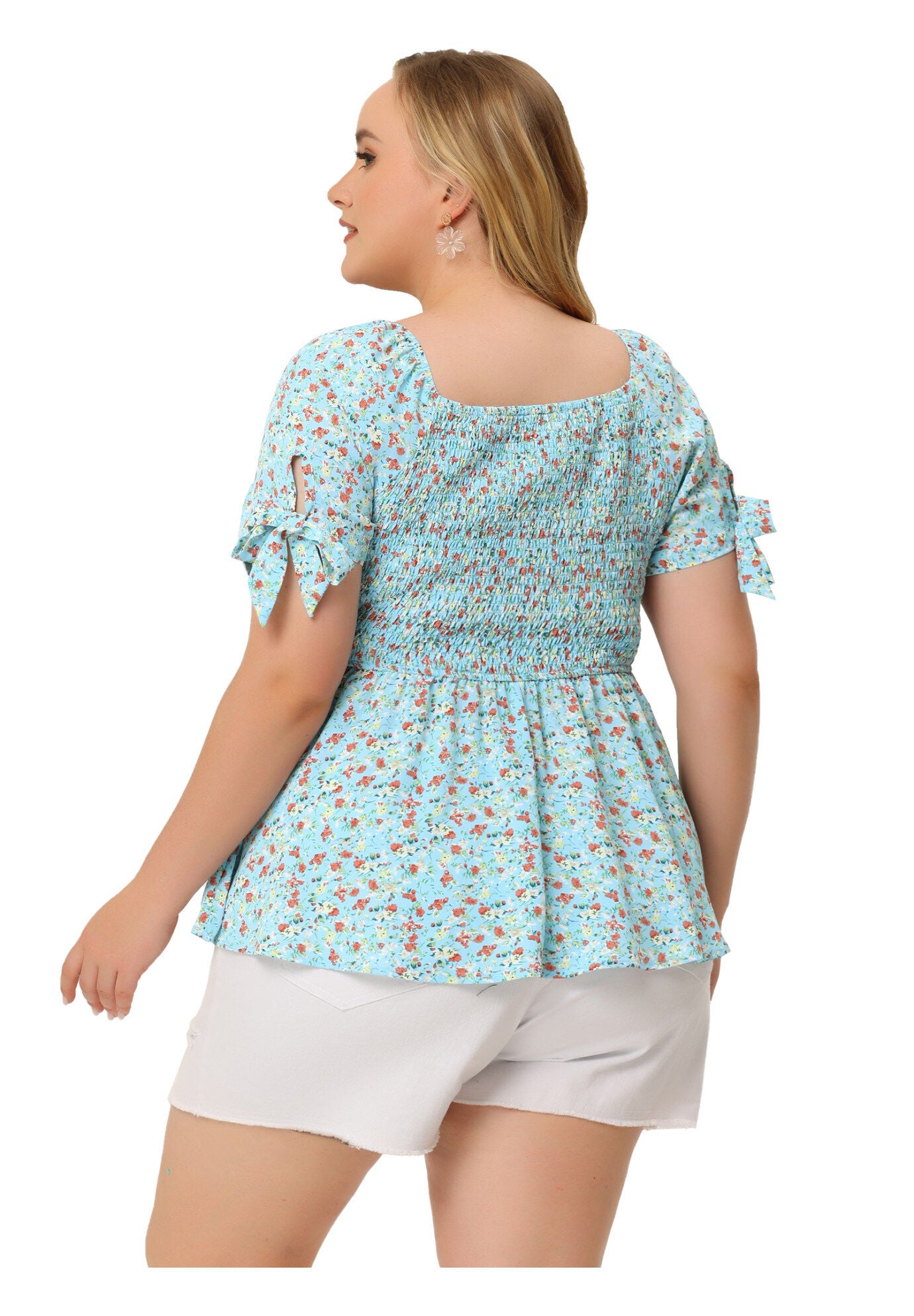Summer Square Neck Smocked Bow Tie Short Sleeve Peplum Blouse, Light Blue / Light Blue, alternate image number 3