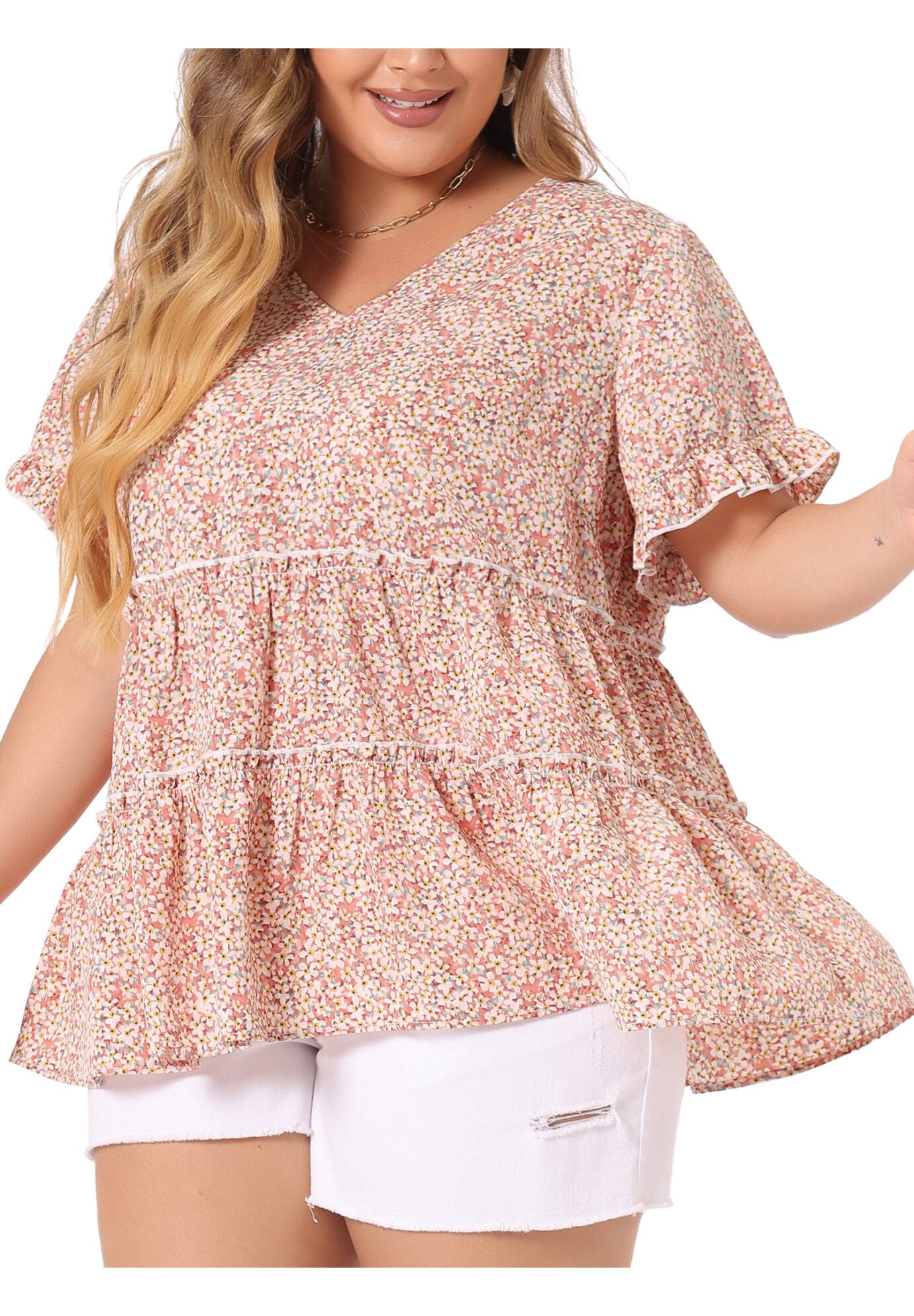 Floral Print V Neck Ruffles Sleeve Tiered Babydoll Blouse, Pink / Pink, alternate image number 1