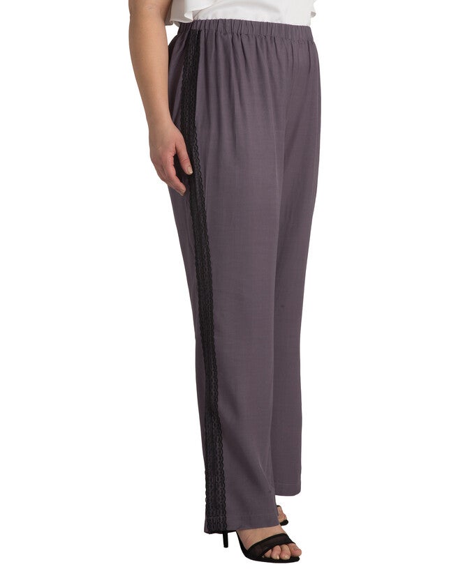 Plus Size Solid Wide Leg Rayon Twill Palazzo Pants With Lace Tuxedo Stripe, , alternate image number 7