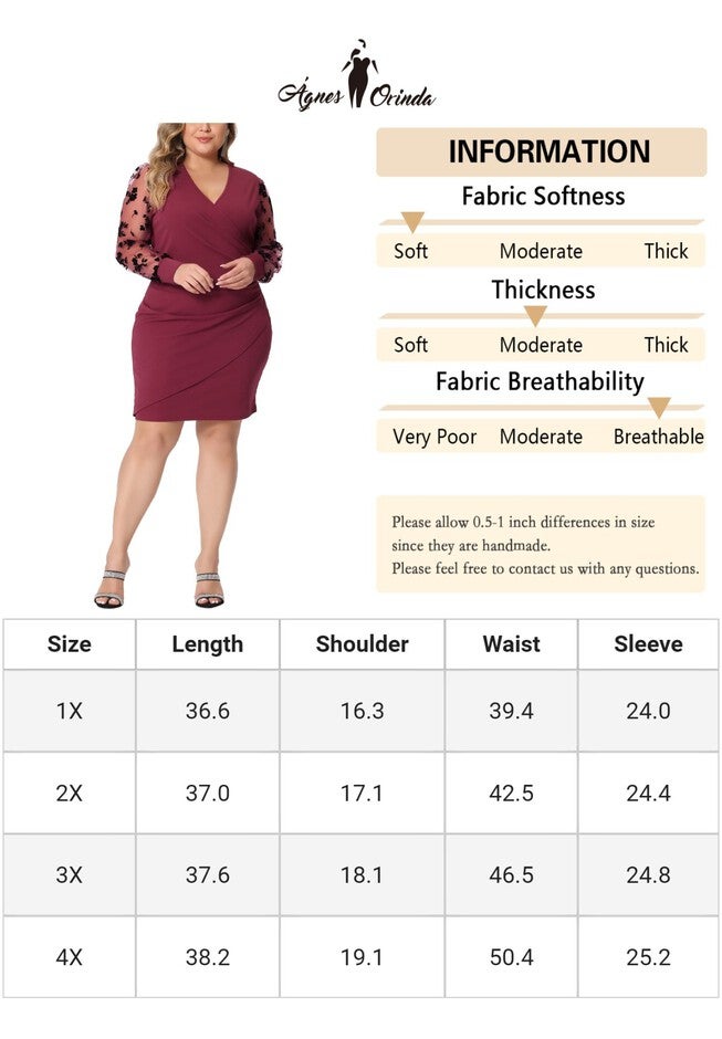 DEEP V NECK FAUX WRAP LONG SHEER SLEEVE COCKTAIL DRESS, Burgundy / Red, alternate image number 3