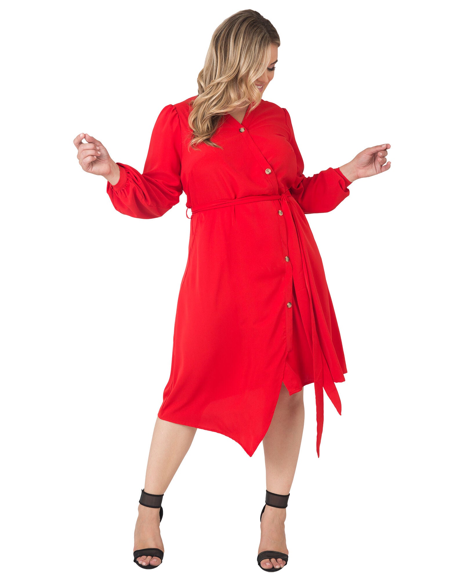 Standards & Practices Asymmetrical Hem Button-Up Wrap Lantern Sleeve Dress, CHERRY / Red, alternate image number 4