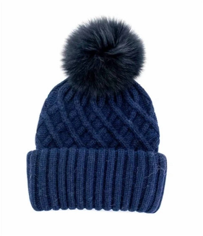 KNIT HAT WITH FUR POM IN NAVY, Navy / Navy, hi-res image number null
