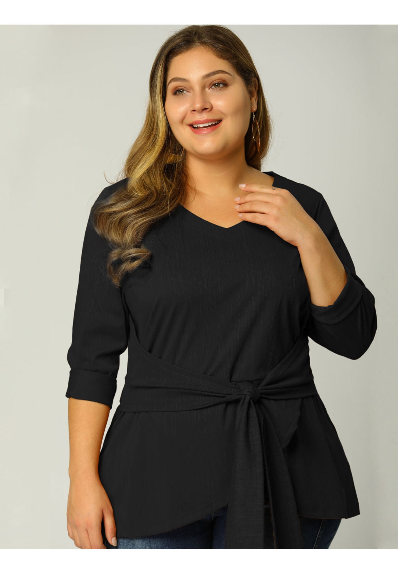 V Neck Knit Belted Knot Tie Work Top Blouse, Black / Black, alternate image number 3