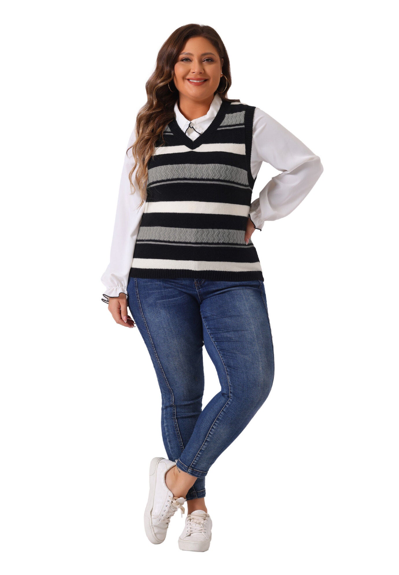 V Neck Striped Knit Casual Pullover Sweater Vest, Black / Black, hi-res image number 0