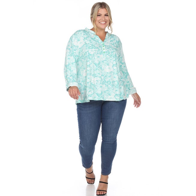 Pleated Long Sleeve Floral Print Blouse, Mint / Mint, alternate image number 3