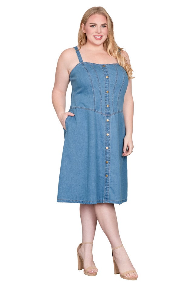 Straps Button Front Denim Midi Dress, Blue Blast / Light Blue, alternate image number null
