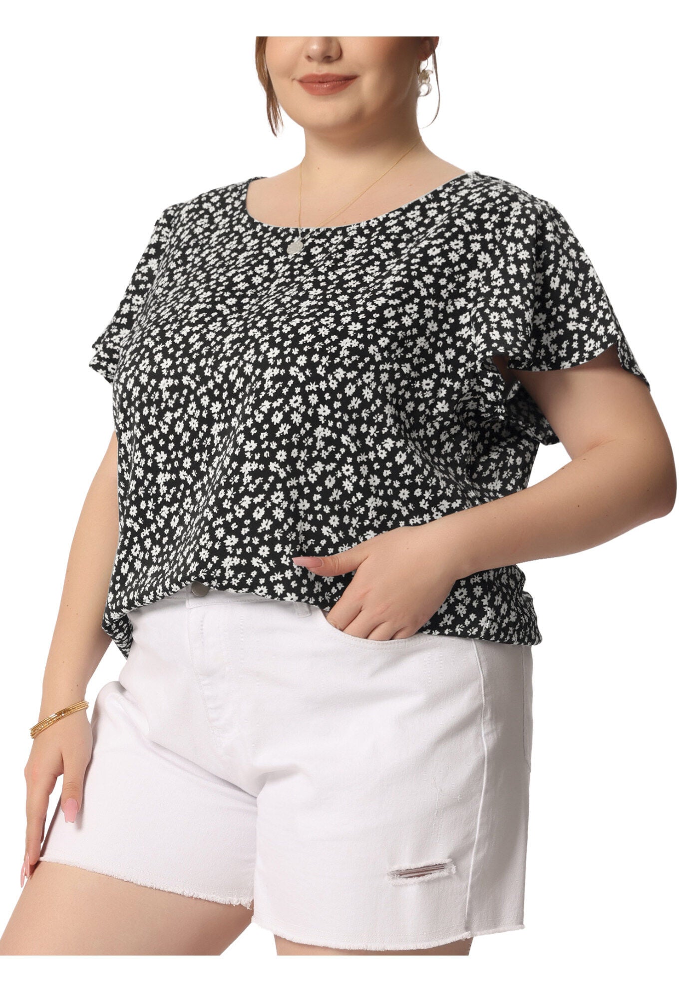 Flare Sleeve Round Neck Dense Floral Peplum Blouses, Black / Black, alternate image number 1