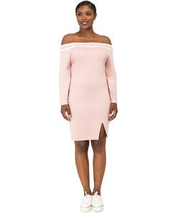Eva Dusty Mauve Atheletic Stripe Off-The-Shoulder Knee-Length Dress