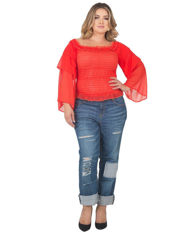 Plus Size Jessa Smocked Tierd Sleeve Top, Tiger Lily / Orange, alternate image number 1