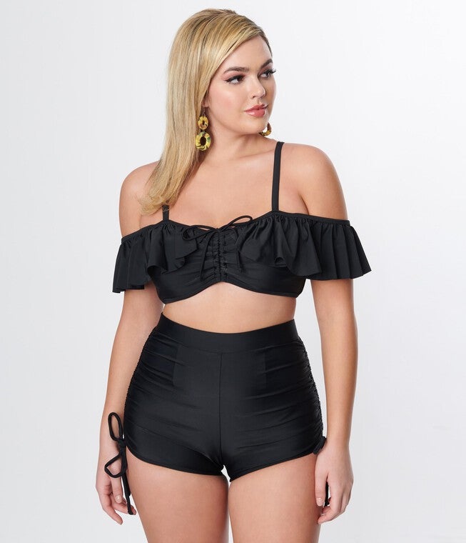 Unique Vintage Black Ruffle Swim Top, Black / Black, alternate image number 1