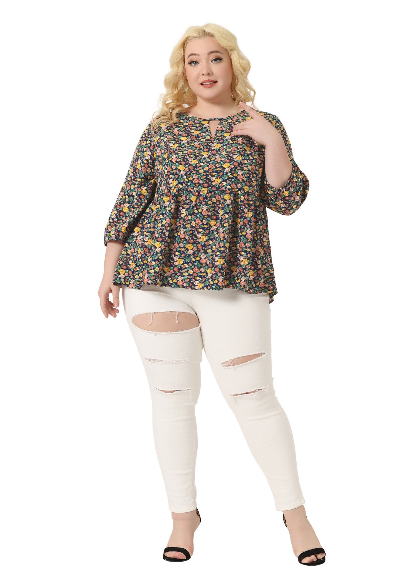 3/4 Sleeves Babydoll Chiffon Keyhole Floral Flowy Top Blouse, Navy Blue / Navy, hi-res image number 0