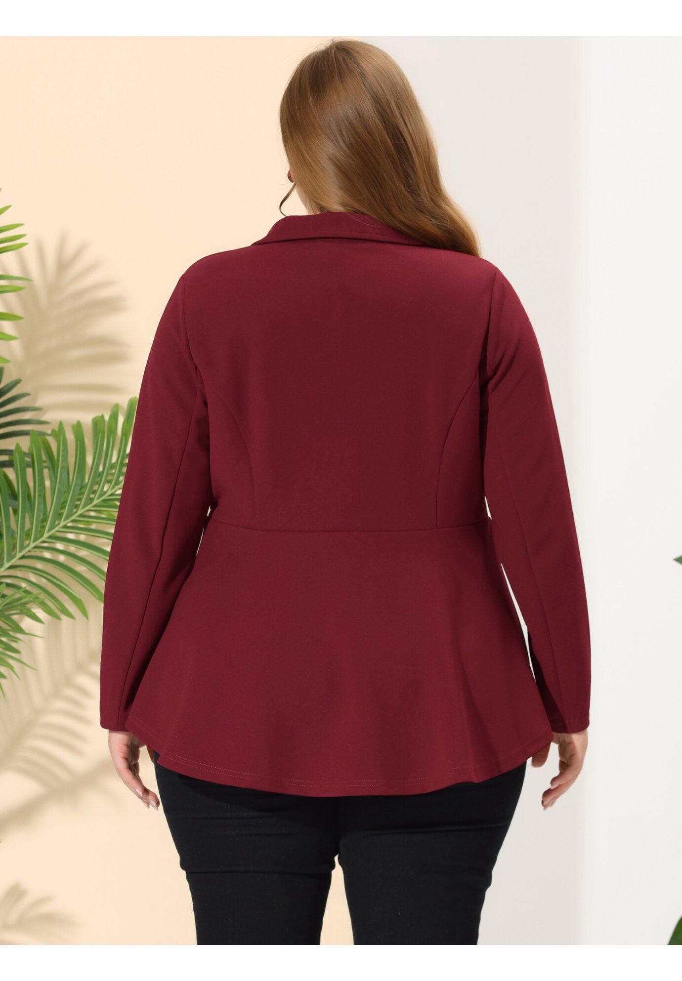 RUFFLE V NECK BUTTON NOTCH PANEL PEPLUM BLAZER, Burgundy / Red, alternate image number 4