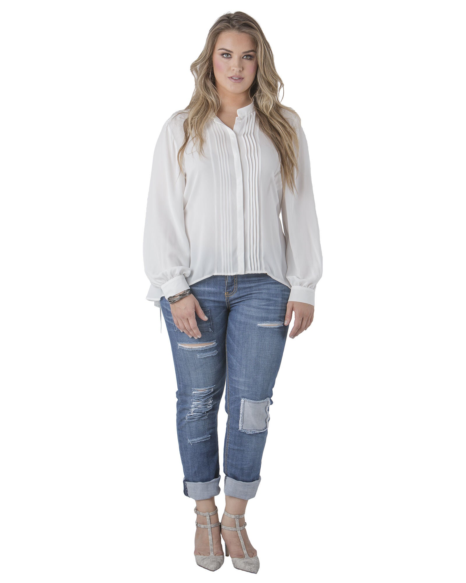 Plus Size Trisha Mandarin Collar Tuxedo Front Chiffon Blouse, White / White, alternate image number 3