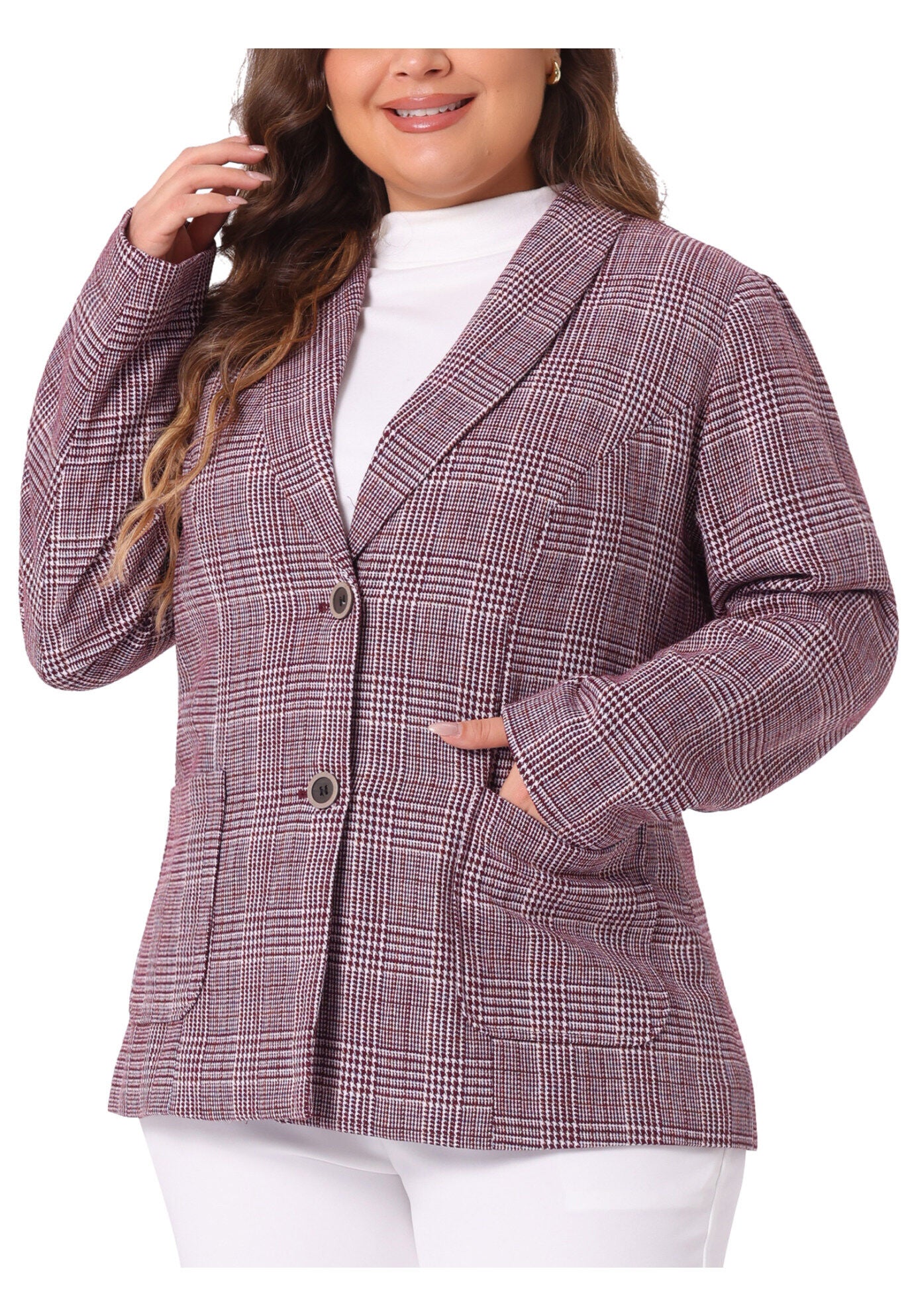 PLAID LAPEL SINGLE BREASTED BLAZER, Burgundy / Red, alternate image number 1