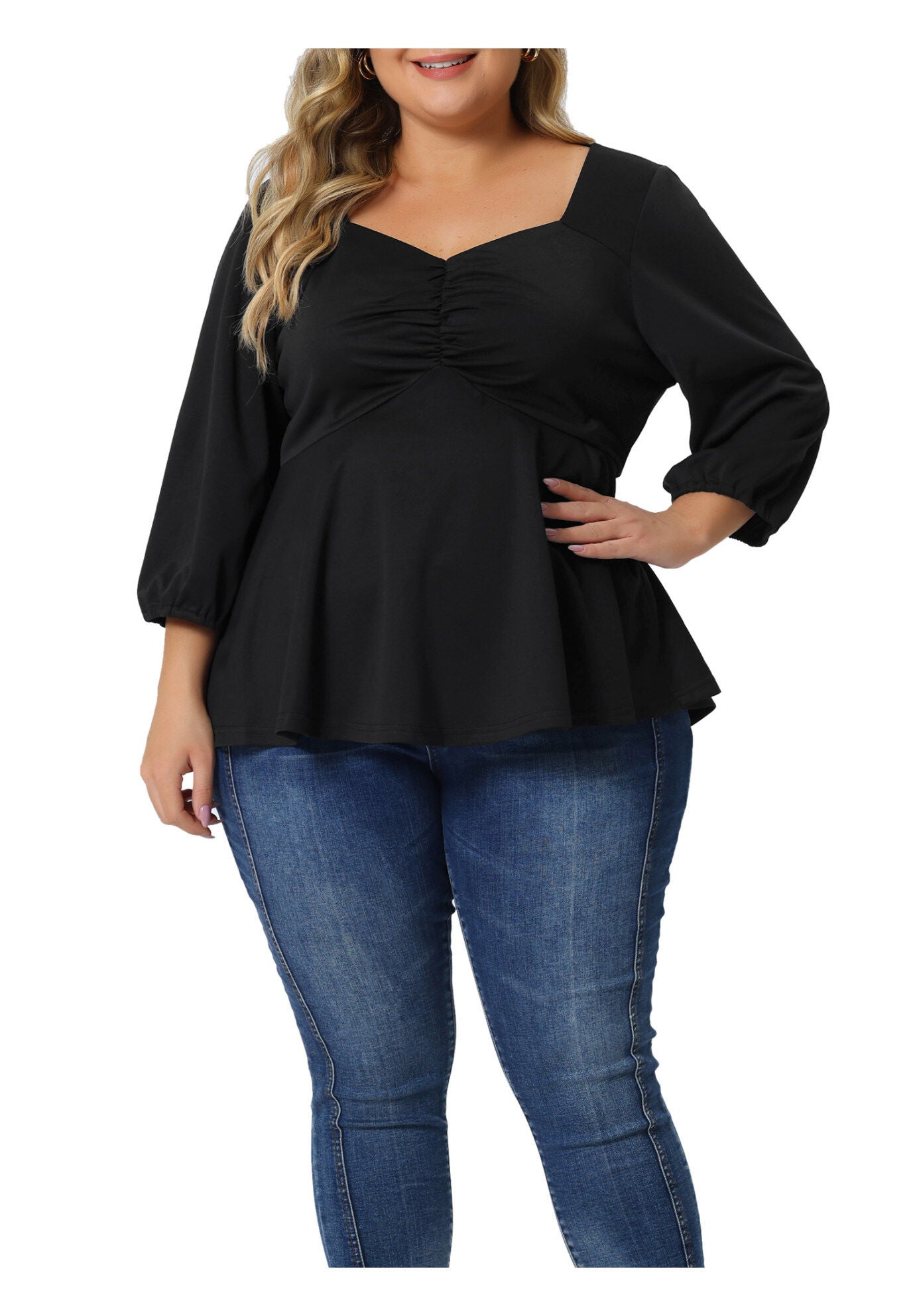 SWEETHEART V NECK ELBOW SLEEVE FRONT RUCHED PEPLUM BLOUSE, Black / Black, alternate image number 2