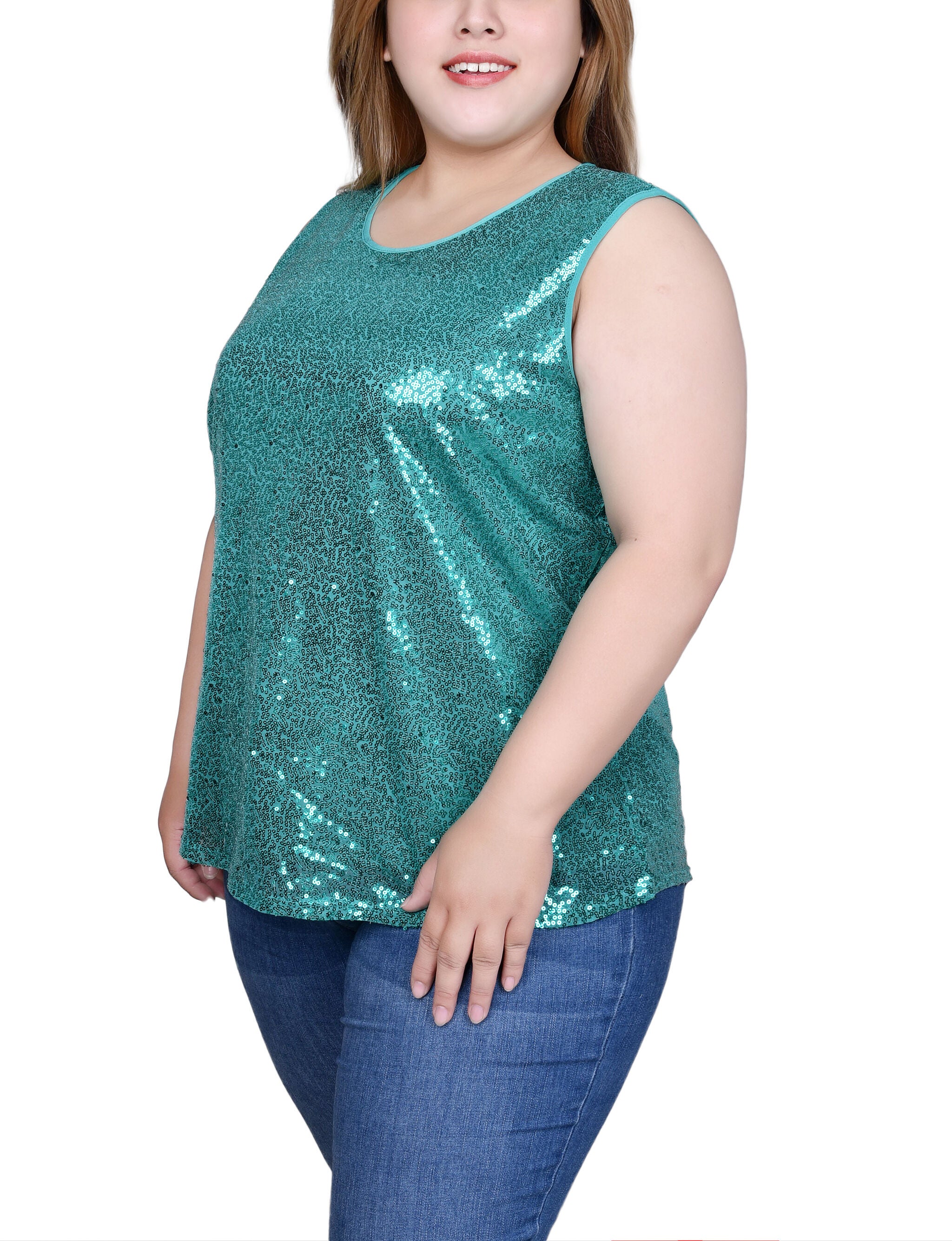 Sleeveless Sequined Tank Top With Combo Banding, Emerald, alternate image number 2